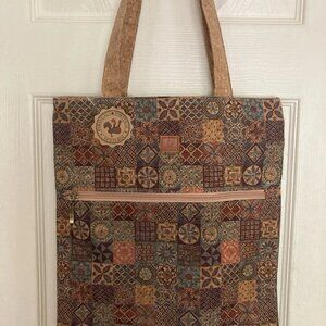 Portugal Cork Shoulder Bag Floral Geom Abstract 15 x 13" Vegan NWT